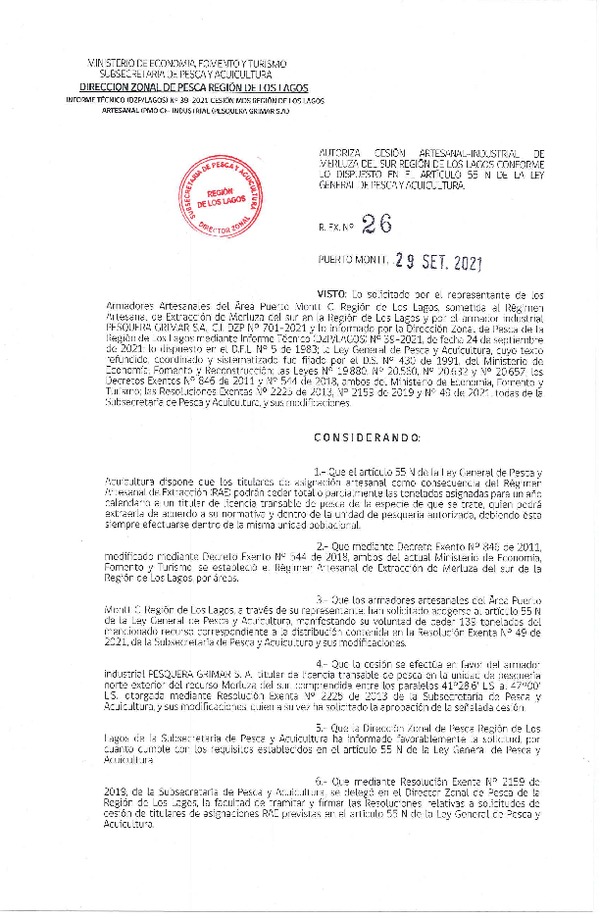 Res. Ex. N° 26-2021 (DZP Región de Los Lagos) Autoriza cesión Merluza del Sur (Publicado en Página Web 29-09-2021)