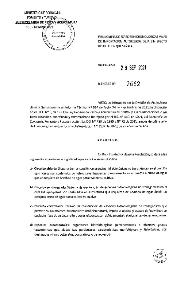 Res. Ex. Nº 2662-2021 Fija Nómina de Especies Hidrobiológicas Vivas de Importación Autorizada. Deja sin Efecto Resolución que Señala. (Publicado en Página Web 30-09-2021)