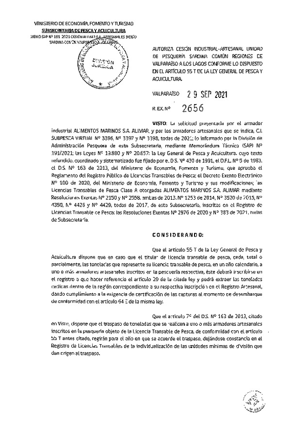 Res. Ex. N° 2656-2021 Autoriza Cesión unidad de pesquería Anchoveta y Sardina común, Regiones Valparaíso a Los Lagos. (Publicado en Página Web 30-09-2021)