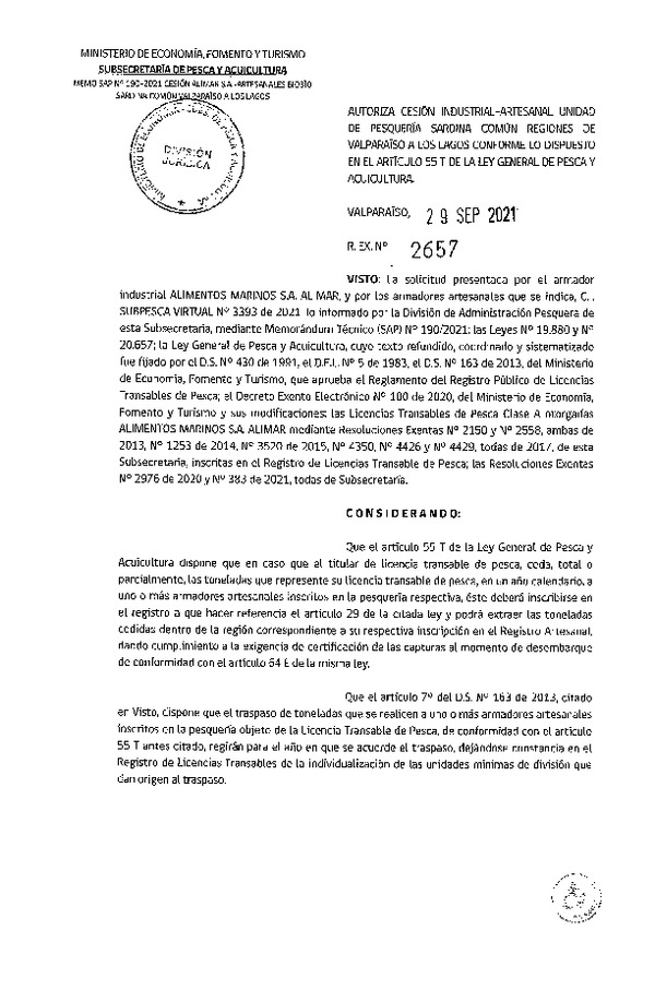 Res. Ex. N° 2657-2021 Autoriza Cesión unidad de pesquería Anchoveta y Sardina común, Regiones Valparaíso a Los Lagos. (Publicado en Página Web 30-09-2021)