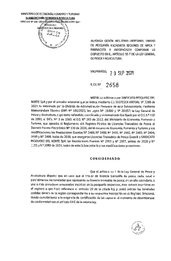 Res. Ex. N° 2658-2021 Autoriza Cesión unidad de pesquería Anchoveta  Regiones Arica y Parinacota a Antofagasta. (Publicado en Página Web 30-09-2021)