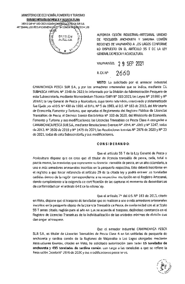Res. Ex. N° 2660-2021 Autoriza Cesión unidad de pesquería Anchoveta y Sardina común, Regiones Valparaíso a Los Lagos. (Publicado en Página Web 30-09