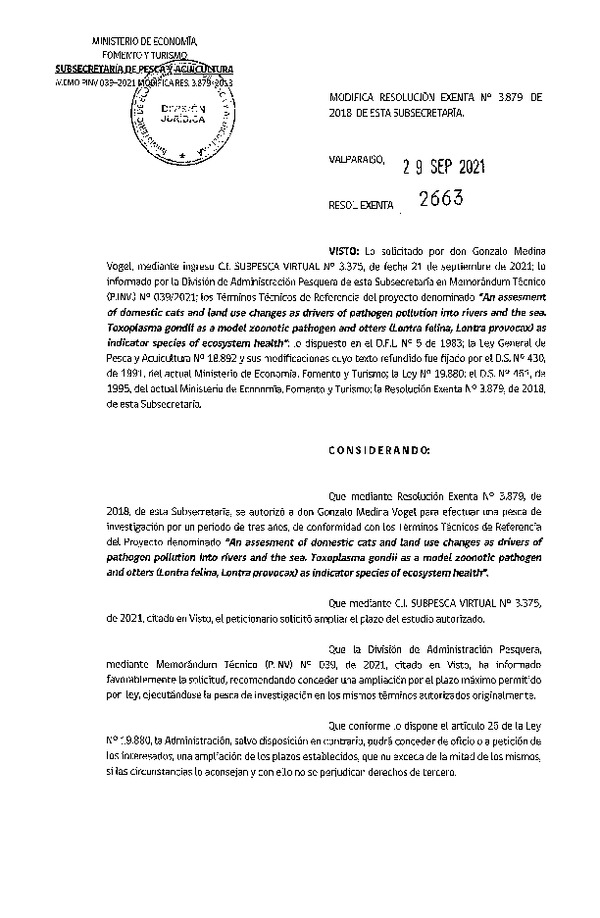 Res. Ex. N° 2663-2021 Modifica 	Res. Ex. N° 3879-2018 An assesment of domestic cats and land use changes as dirvers of pathogen pollution into rivers and the sea. (Publicado en Página Web 30-09-2021)