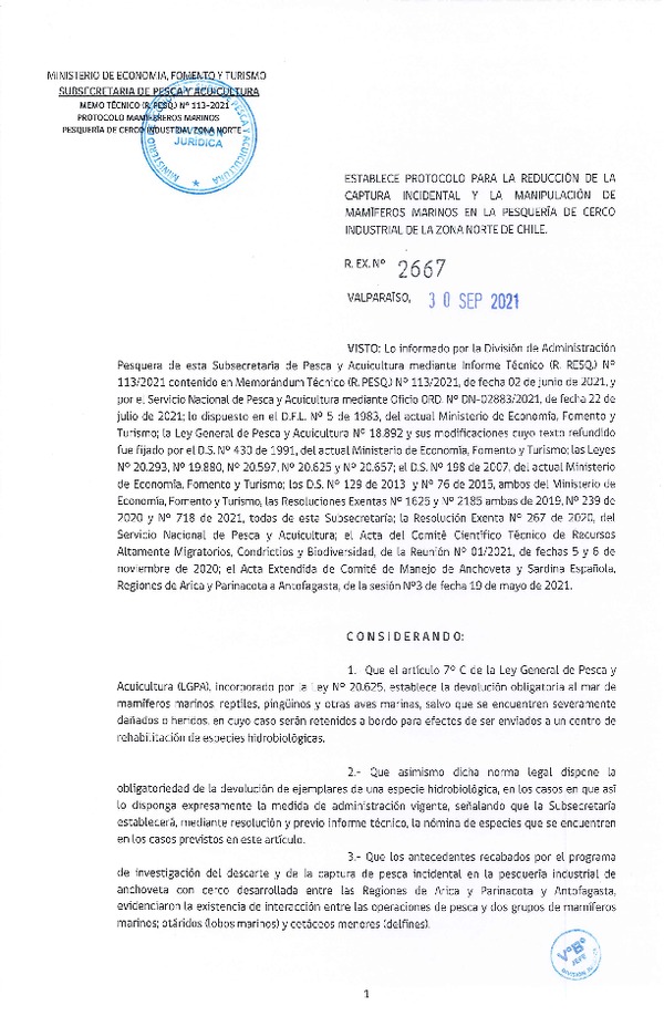 Res. Ex. N° 2667-2021 Establece Protocolo para la Reducción de la Captura Incidental y la Manipulación de Mamíferos Marinos en la Pesquería de Cerco Industrial de la Zona Norte de Chile. (Publicado en Página Web 30-09-2021)
