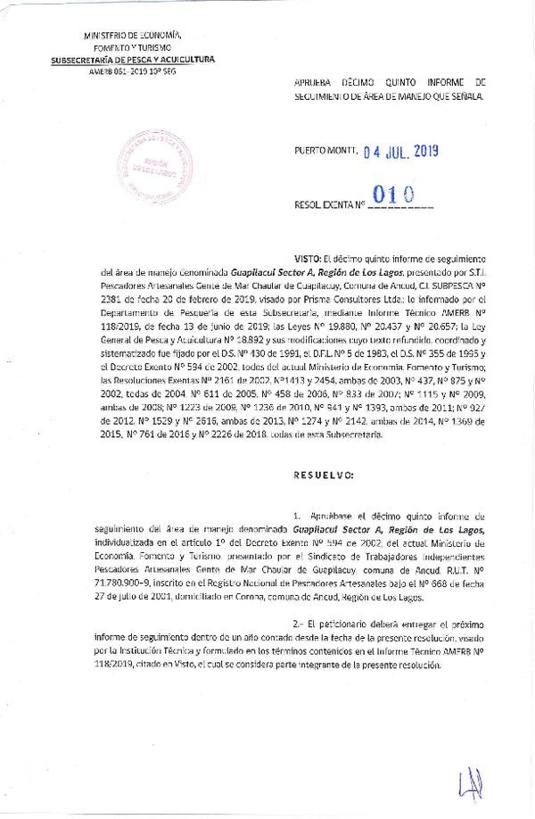 Res. Ex. N° 010-2019 (DZP Los Lagos) Aprueba 15° Seguimiento.