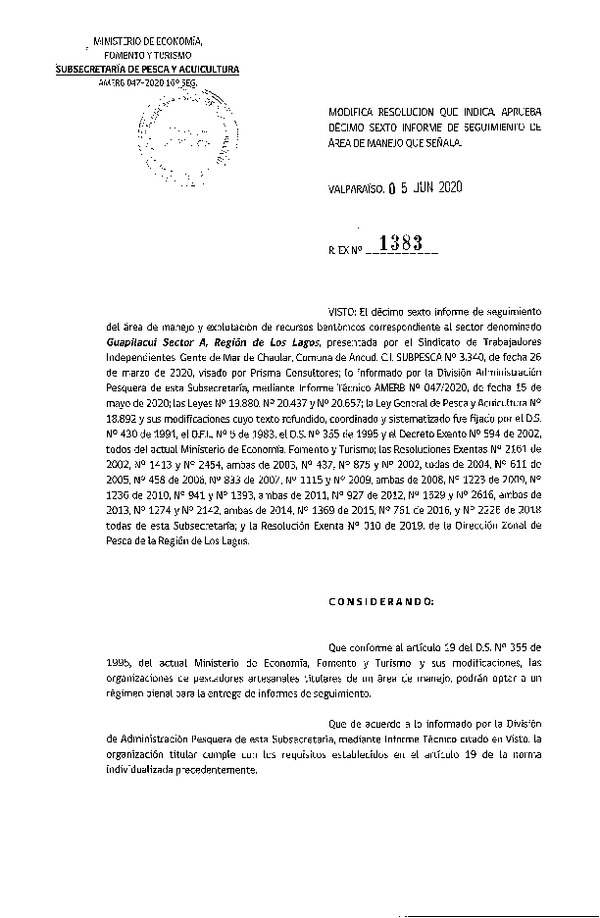 Res. Ex. N° 1383-2020 Modifica resolución que indica, Aprueba 16° Seguimiento.