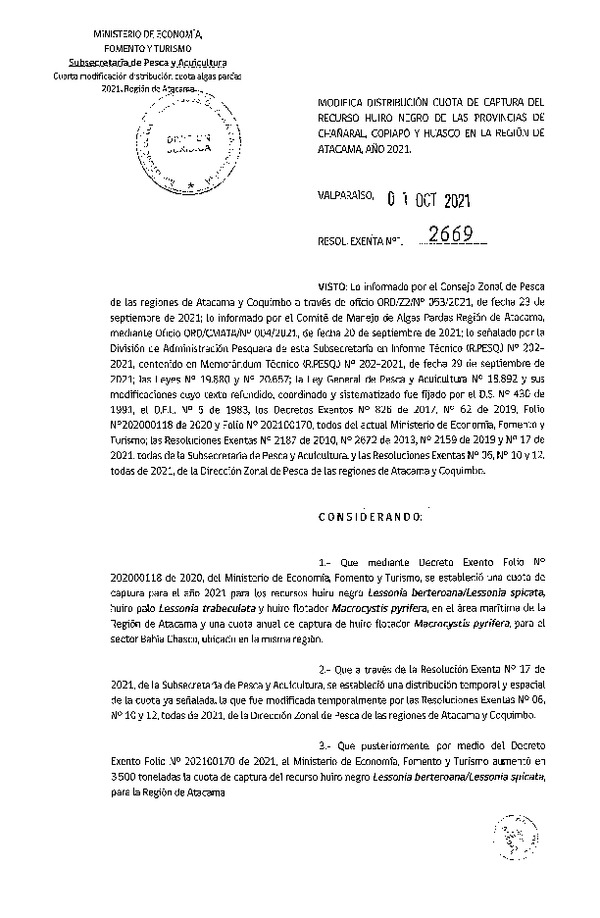 Res. Ex N° 2669-2021 Modifica distribución cuota de captura del recurso Huiro Negro de las Provincias de Chañaral, Copiapó y Huasco en la Región de Atacama, año 2021. (Publicado en Página Web 01-10-2021)