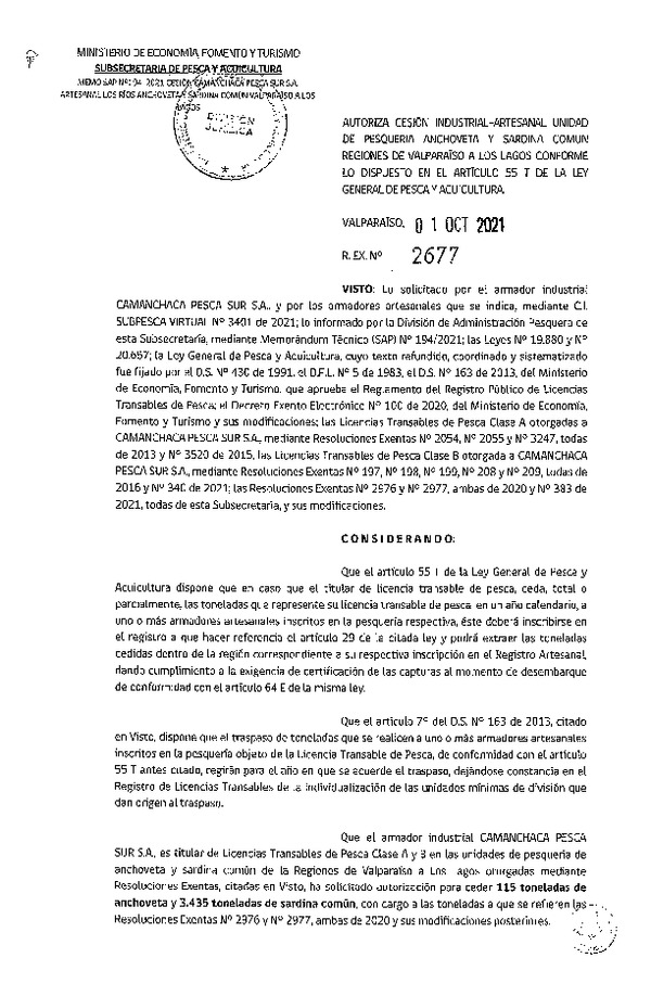 Res. Ex. N° 2677-2021 Autoriza Cesión unidad de pesquería Anchoveta y Sardina común, Regiones Valparaíso a Los Lagos. (Publicado en Página Web 04-10-2021)