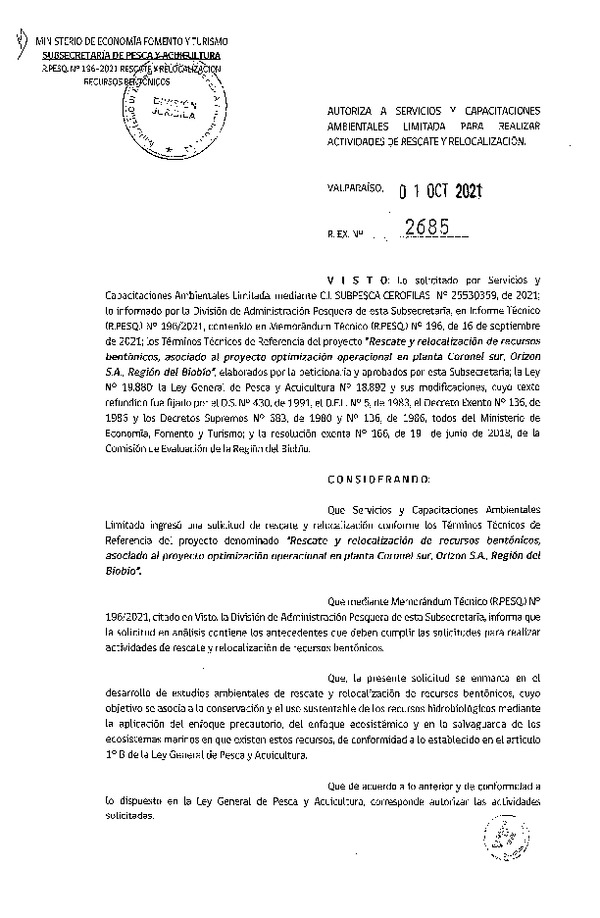 Res. Ex. N° 2685-2021 Rescate y Relocalización de Recursos bentónicos, Región del Biobío. (Publicado en Página Web 04-10-2021).