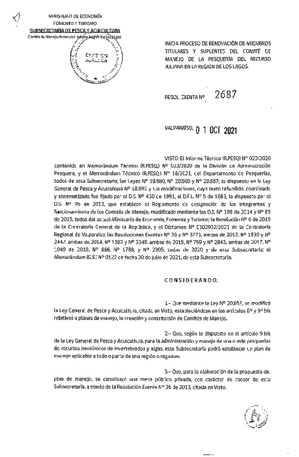 Res. Ex. N° 2687-2021 Inicia Proceso de Renovación de Miembros Titulares y Suplentes del Comité de Manejo de la Pesquería del Recurso Juliana, en la Región de Los Lagos. (Publicado en Página Web 04-10-2021)