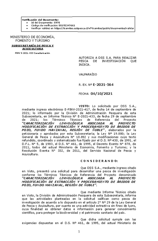 R. EX. Nº E-2021-564 CARACTERIZACIÓN LIMNOLÓGICA ASOCIADA AL PROYECTO MODIFICACIÓN DE EXTRACCIÓN Y PROCESAMIENTO DE ÁRIDOS DE POZO, FUNDO MANZANAL, REGIÓN DE ÑUBLE. (Publicado en Página Web 04-10-2021)