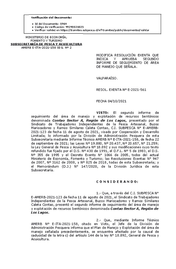 RESOL. EXENTA Nº E-2021-561 Modifica resolución que indica, Aprueba 2° Seguimiento. (Publicado en Página Web 04-10-2021)