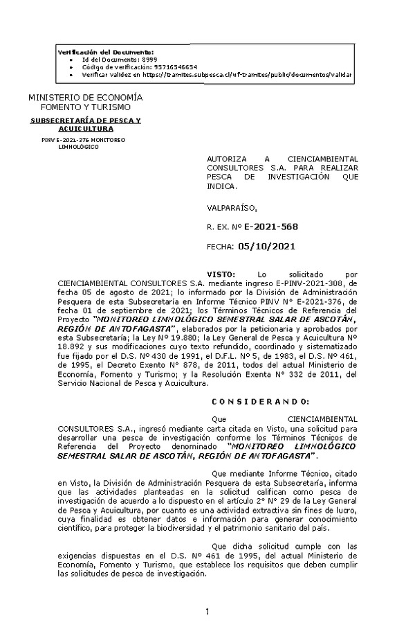 R. EX. Nº E-2021-568 MONITOREO LIMNOLÓGICO SEMESTRAL SALAR DE ASCOTÁN, REGIÓN DE ANTOFAGASTA. (Publicado en Página Web 05-10-2021)