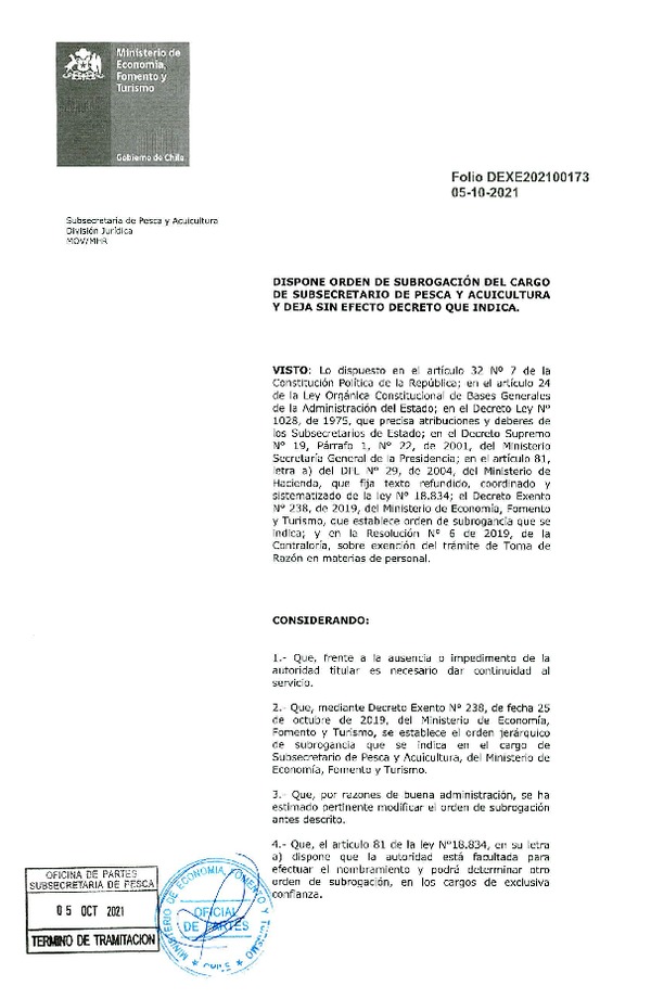 Dec. Ex. Folio 202100173 Dispone Orden de Subrogación del Cargo de Subsecretario de Pesca y Acuicultura y Deja sin Efecto Decreto que Indica. (Publicado en Página Web 06-10-2021)