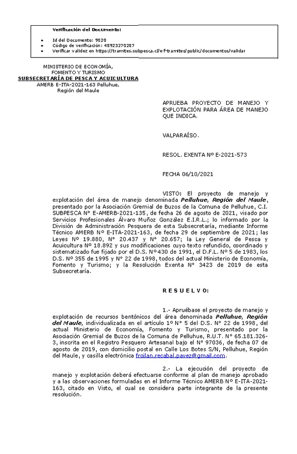 RESOL. EXENTA Nº E-2021-573 Aprueba Plan de Manejo. (Publicado en Página Web 07-10-2021)