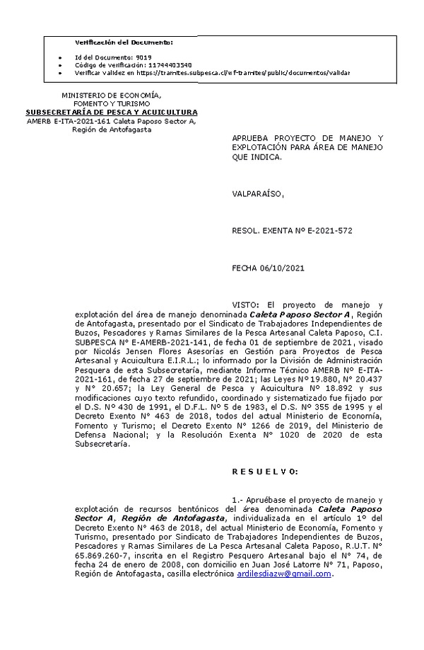 RESOL. EXENTA Nº E-2021-572 Aprueba Plan de Manejo. (Publicado en Página Web 07-10-2021)