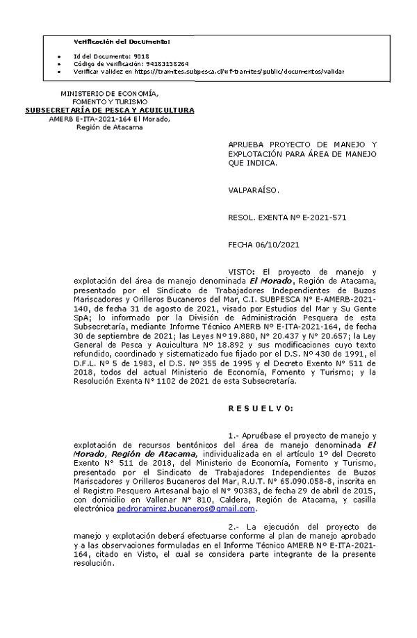 RESOL. EXENTA Nº E-2021-571 Aprueba Plan de Manejo. (Publicado en Página Web 07-10-2021)