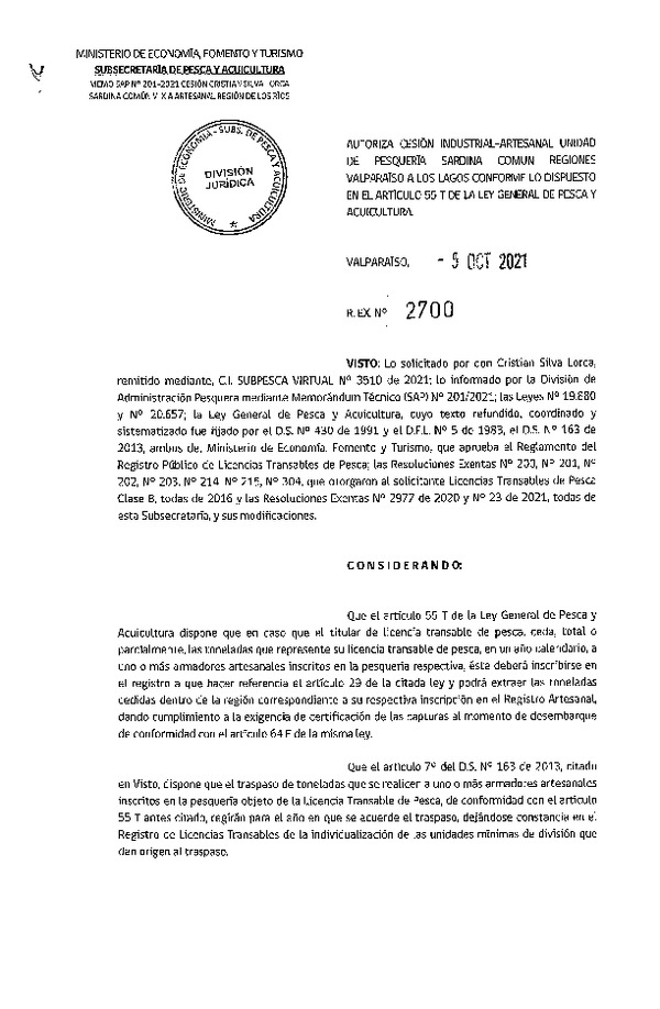 Res. Ex. N° 2700-2021 Autoriza Cesión unidad de pesquería Sardina común, Regiones Valparaíso a Los Lagos. (Publicado en Página Web 07-10-2021)