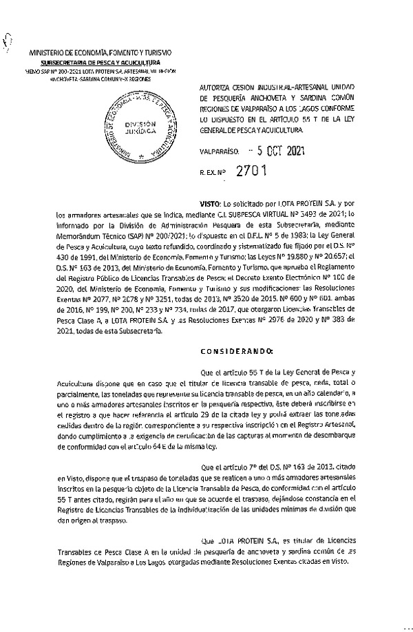 Res. Ex. N° 2701-2021 Autoriza Cesión unidad de pesquería Sardina común, Regiones Valparaíso a Los Lagos. (Publicado en Página Web 07-10-2021)