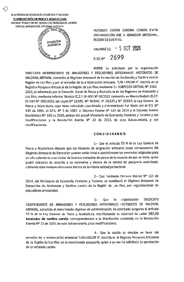 Res. Ex. N° 2699-2021 Autoriza Cesión Sardina común, Región de Los Ríos. (Publicado en Página Web 07-10-2021)