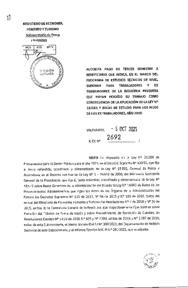 Res. Ex. N° 2692-2021 Autoriza pago de tercer semestre a beneficiarios que se indica. (Publicado en Página Web 07-10-2021)