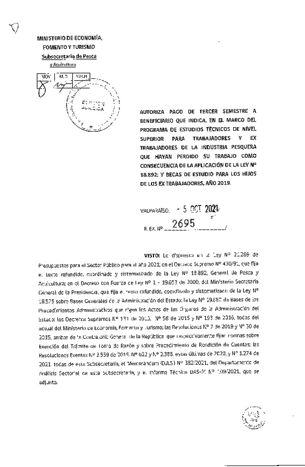 Res. Ex. N° 2695-2021 Autoriza pago de tercer semestre a beneficiarios que se indica. (Publicado en Página Web 07-10-2021)