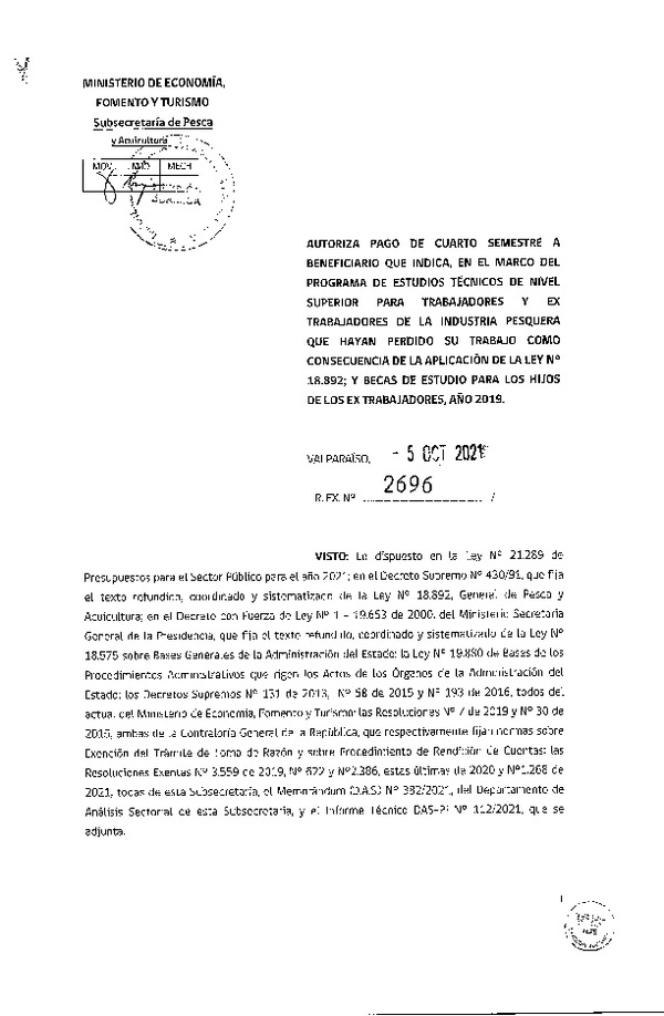 Res. Ex. N° 2696-2021 Autoriza pago de cuarto semestre a beneficiarios que se indica. (Publicado en Página Web 07-10-2021)