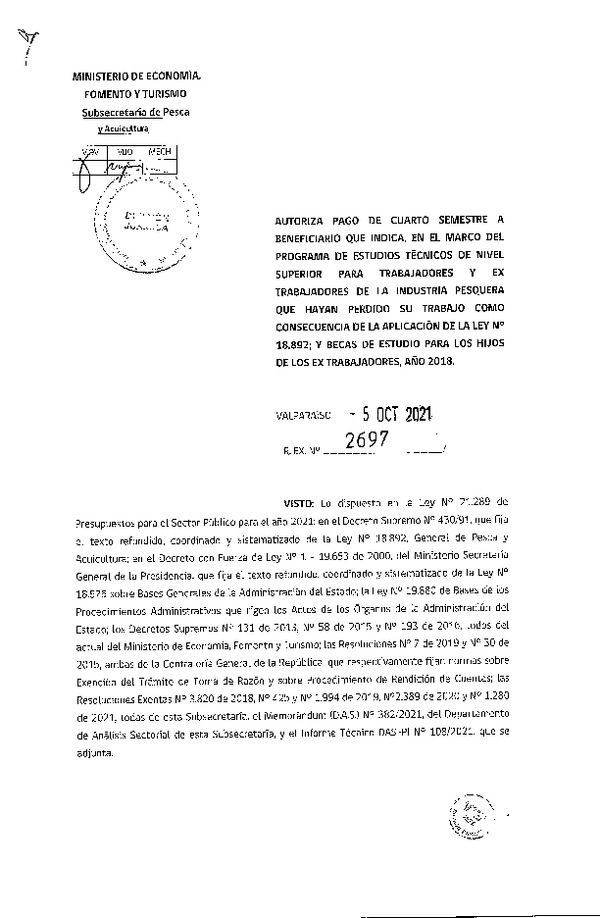 Res. Ex. N° 2697-2021 Autoriza pago de cuarto semestre a beneficiarios que se indica. (Publicado en Página Web 07-10-2021)