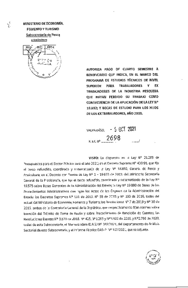 Res. Ex. N° 2698-2021 Autoriza pago de cuarto semestre a beneficiarios que se indica. (Publicado en Página Web 07-10-2021)