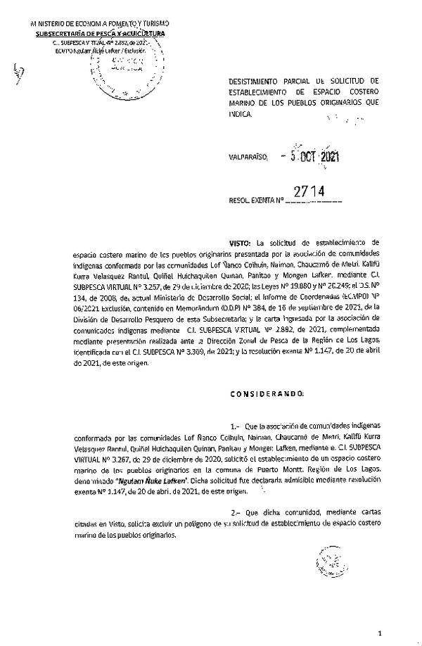 Res. Ex. N° 2714-2021 Desistimiento parcial de solicitud de establecimiento de ECMPO Ngulam Ñuke Lafken. (Publicado en Página Web 07-10-2021)
