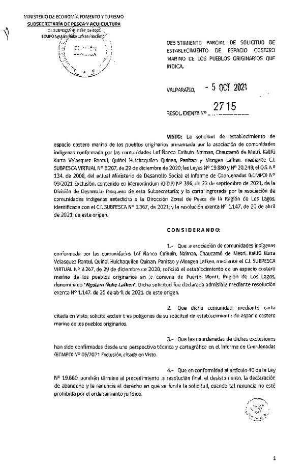 Res. Ex. N° 2715-2021 Desistimiento parcial de solicitud de establecimiento de ECMPO Ngulam Ñuke Lafken. (Publicado en Página Web 07-10-2021)
