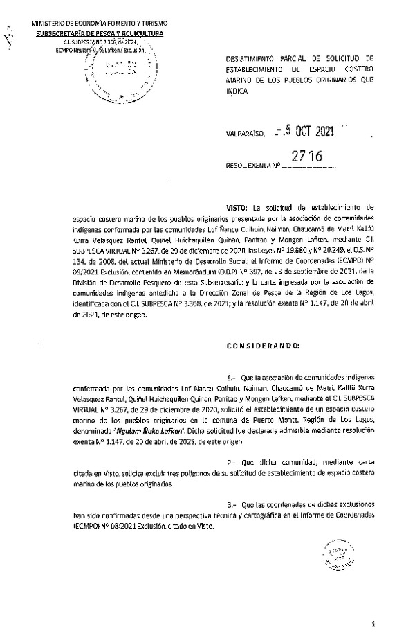 Res. Ex. N° 2716-2021 Desistimiento parcial de solicitud de establecimiento de ECMPO Ngulam Ñuke Lafken. (Publicado en Página Web 07-10-2021)