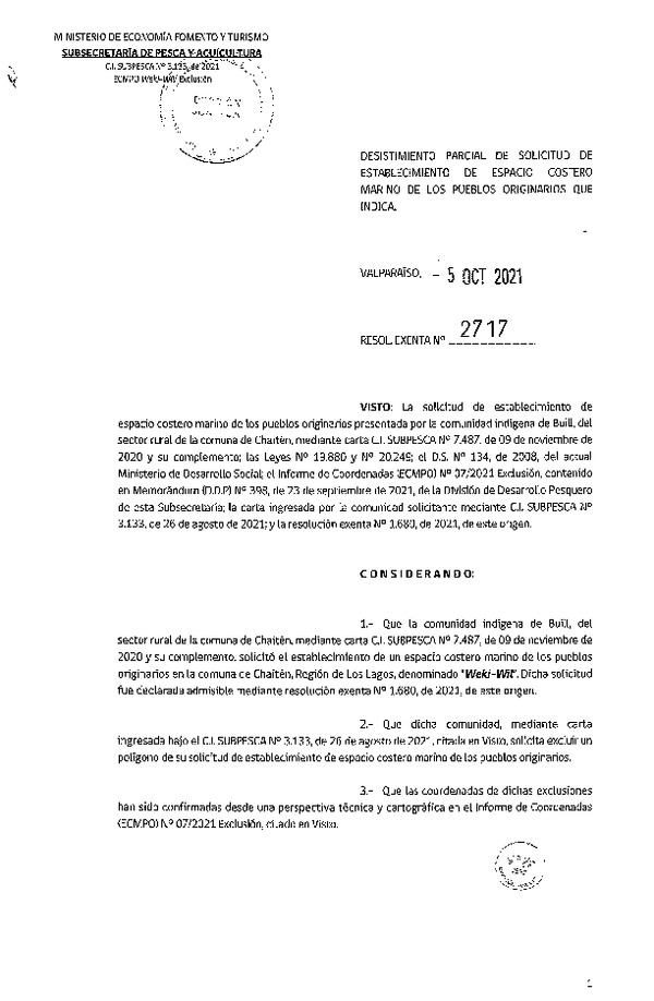 Res. Ex. N° 2717-2021 Desistimiento parcial de solicitud de establecimiento de ECMPO Weki-Wil. (Publicado en Página Web 07-10-2021)