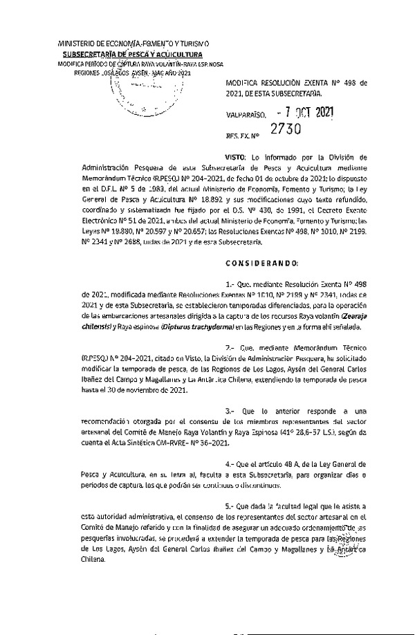 Res. Ex. N° 2730-2021 Modifica Res. Ex. N° 498-2021 que Estableció Periodo de Captura para raya Volantín y Raya Espinosa, Año 2021. (Publicado en Página Web 08-10-2021)