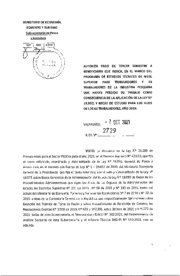 Res. Ex. N° 2729-2021 Autoriza pago de tercer semestre a beneficiarios que se indica. (Publicado en Página Web 08-10-2021)