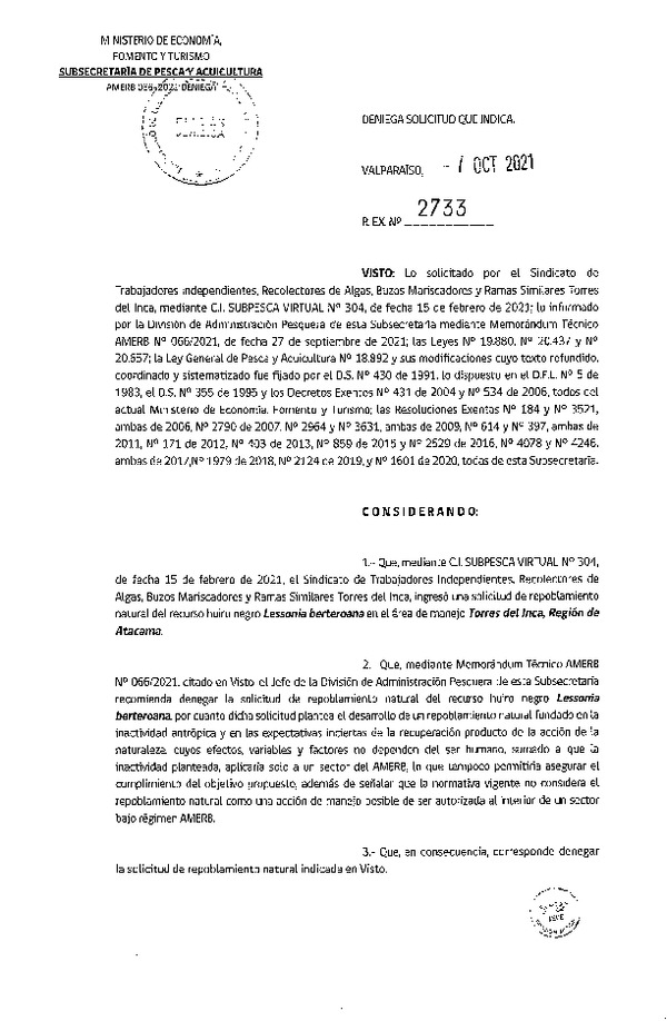 Res. Ex. N° 2733-2021 deniega solicitud que indica. (Publicado en Página Web 08-10-2021)