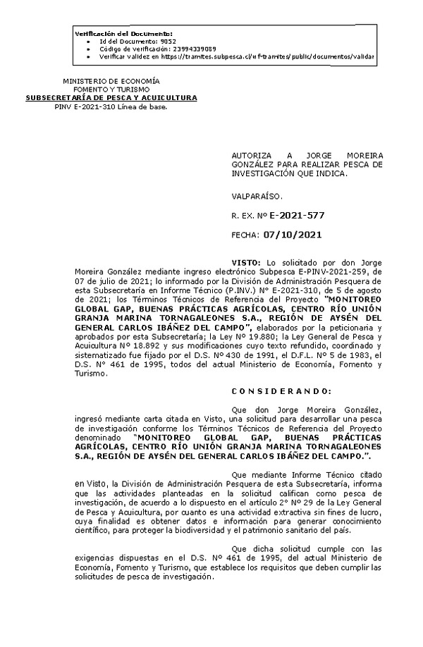 R. EX. Nº E-2021-577 MONITOREO GLOBAL GAP, BUENAS PRÁCTICAS AGRÍCOLAS, CENTRO RÍO UNIÓN GRANJA MARINA TORNAGALEONES S.A., REGIÓN DE AYSÉN DEL GENERAL CARLOS IBÁÑEZ DEL CAMPO. (Publicado en Página Web 08-10-2021)