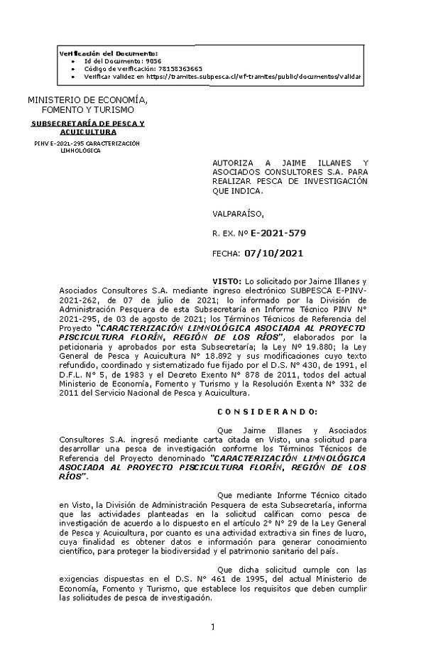 R. EX. Nº E-2021-579 CARACTERIZACIÓN LIMNOLÓGICA ASOCIADA AL PROYECTO PISCICULTURA FLORÍN, REGIÓN DE LOS RÍOS. (Publicado en Página Web 08-10-2021)