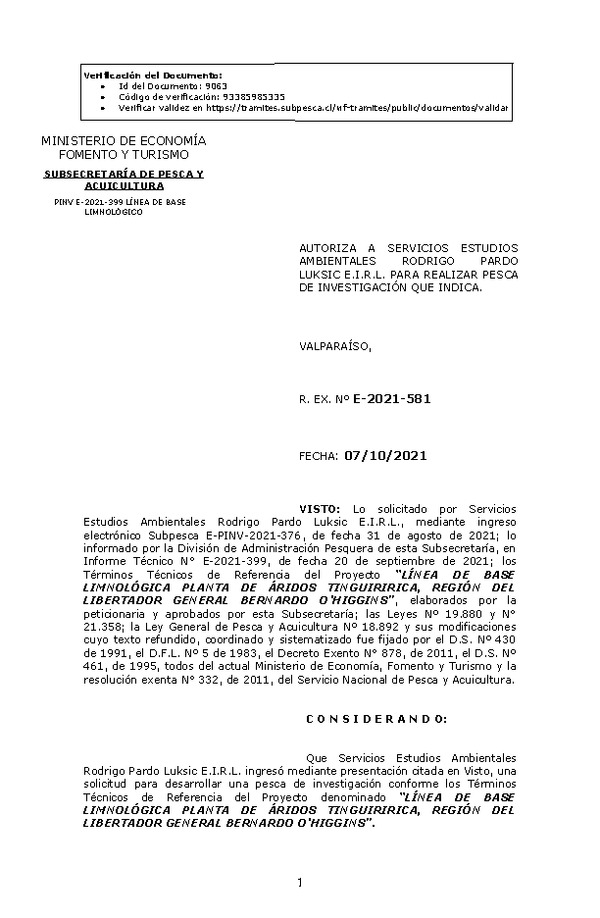 R. EX. Nº E-2021-581 LÍNEA DE BASE LIMNOLÓGICA PLANTA DE ÁRIDOS TINGUIRIRICA, REGIÓN DEL LIBERTADOR GENERAL BERNARDO O'HIGGINS. (Publicado en Página Web 08-10-2021)