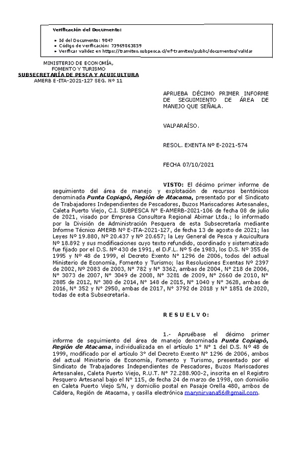 RESOL. EXENTA Nº E-2021-574 Autoriza 11° Seguimiento. (Publicado en Página Web 08-10-2021)