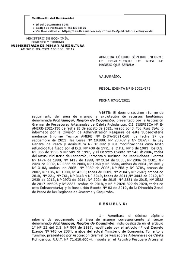 RESOL. EXENTA Nº E-2021-575 Autoriza 17° Seguimiento. (Publicado en Página Web 08-10-2021)