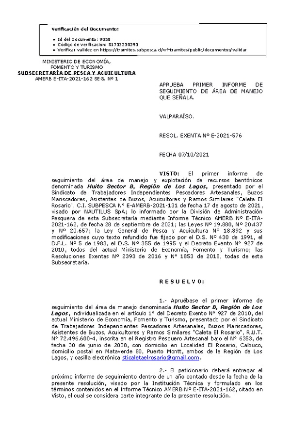 RESOL. EXENTA Nº E-2021-576 Autoriza 1° Seguimiento. (Publicado en Página Web 08-10-2021)