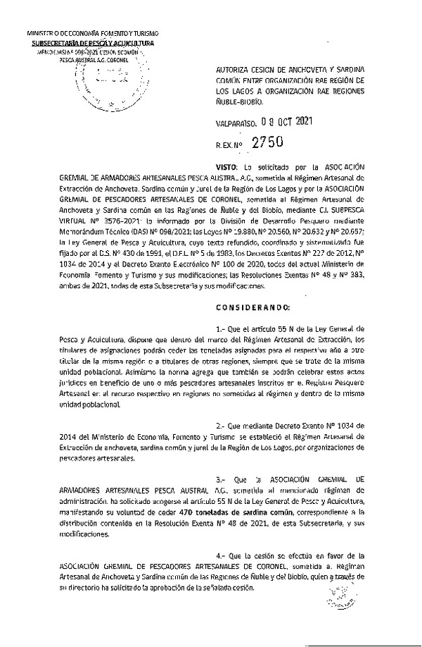 Res. Ex. N° 2750-2021 Autoriza Cesión Anchoveta y Sardina común, Región de Los Lagos a Ñuble-Biobío. (Publicado en Página Web 12-10-2021)