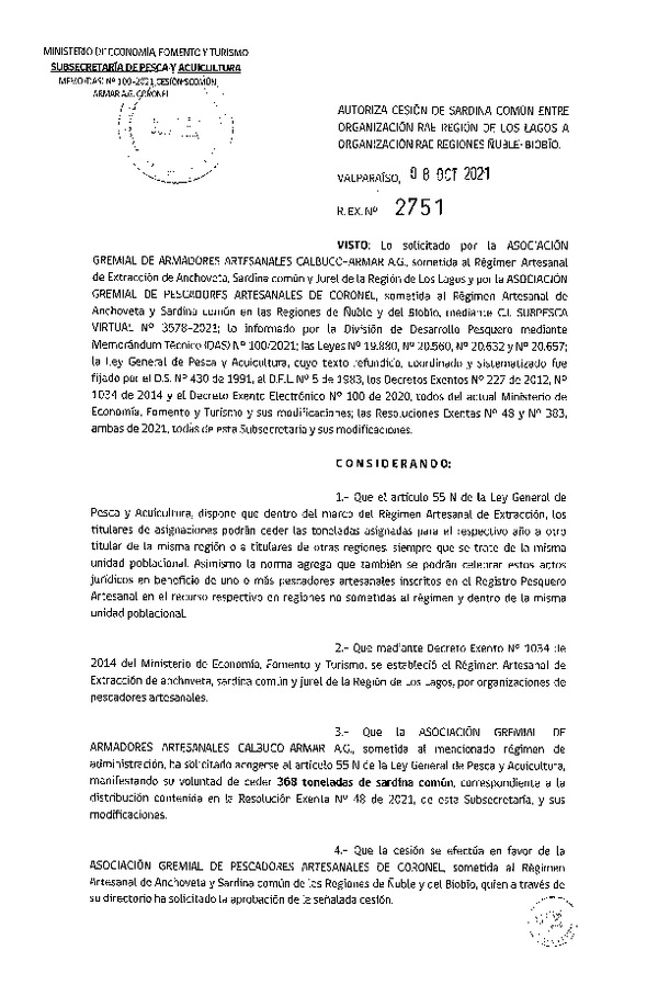 Res. Ex. N° 2751-2021 Autoriza Cesión Anchoveta y Sardina común, Región de Los Lagos a Ñuble-Biobío. (Publicado en Página Web 12-10-2021)