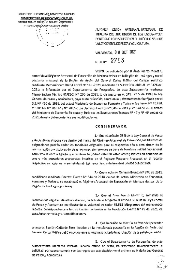 Res. Ex. N° 2753-2021 Autoriza Cesión de Merluza del sur Regiones de Los Lagos - Aysén. (Publicado en Página Web 12-10-2021).