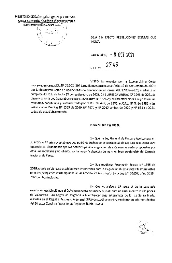 Res. Ex. N° 2749-2021 Deja Sin Efecto Resoluciones Exentas N° 1970 y N° 2012, Ambas de 2020 y N° 880 de 2021. (Publicado en Página Web 13-10-2021)