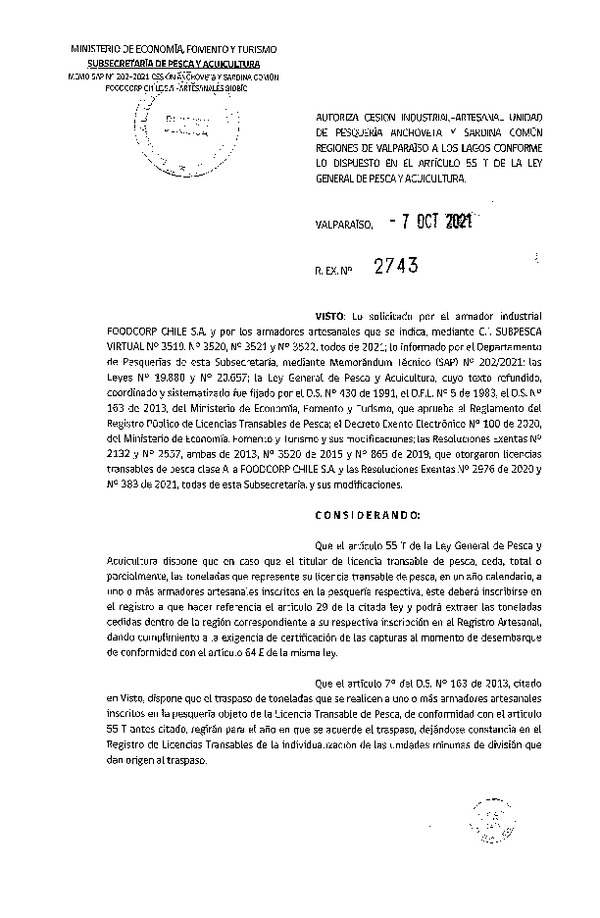Res. Ex. N° 2743-2021 Autoriza Cesión unidad de pesquería Anchoveta y Sardina común, Regiones Valparaíso a Los Lagos. (Publicado en Página Web 13-10-2021)