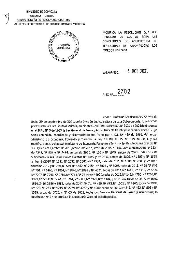 Res. Ex. N° 2702-2021 Modifica Res. Ex. 158-2021 Fija densidad de cultivo para concesiones de acuicultura de titularidad de Exportadora Los Fiordos Limitada. (Con Informe Técnico) (Publicado en Página Web 13-10-2021)