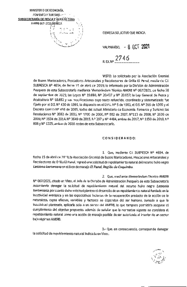 Res. Ex. N° 2746-2021 Deniega solicitud. (Publicado en Página Web 13-10-2021)