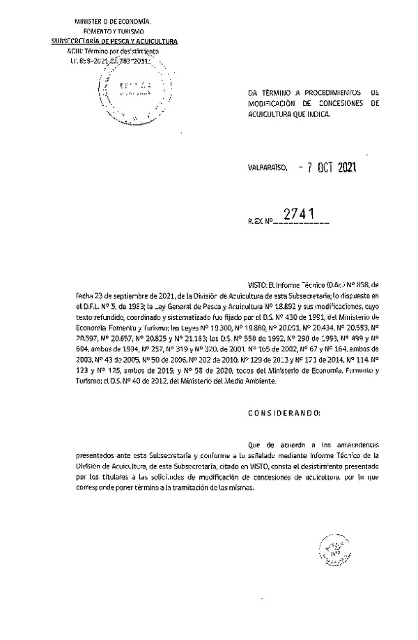 Res. Ex. N° 2741-2021 Da término a procedimientos de modificación de concesiones de acuicultura que indica.